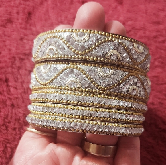 Elegant Gold, Silver, And Rhinestone Bangle Set - Picture 1 of 3